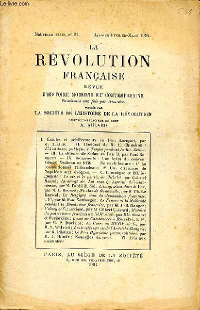 La rvolution franaise revue d'histoire moderne et contemporaine Nouvelle srie N21 Janvier Fvrier Mars 1924 Tome 77me