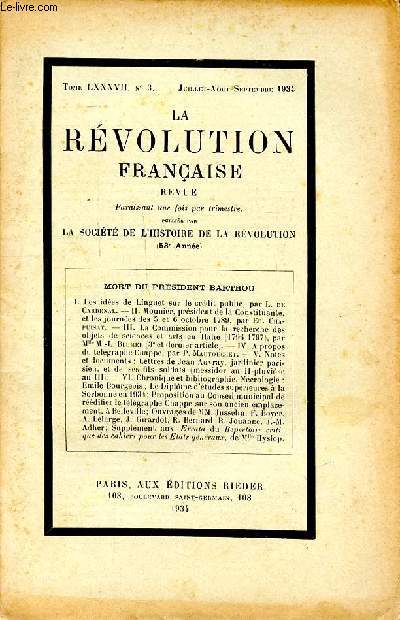 La rvolution franaise Tome 87 N3 Juillet Aot Septembre 1934