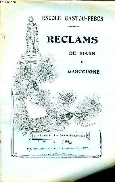 Reclams de Biarn e Gascougne 17me anade N11 10 de Noubmbre 1913 Escole Gastou Febus Sommaire: La chanson des vendanges; Counderilhots; Petite histoire du Barn  l'usage des coles primaires...