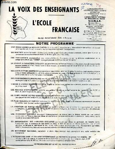 La voix des enseignants L'cole franaise N82 Novembre 1974