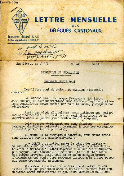 Lettre mensuelle aux dlgus cantonaux Supplment au N12 30 mai 1951