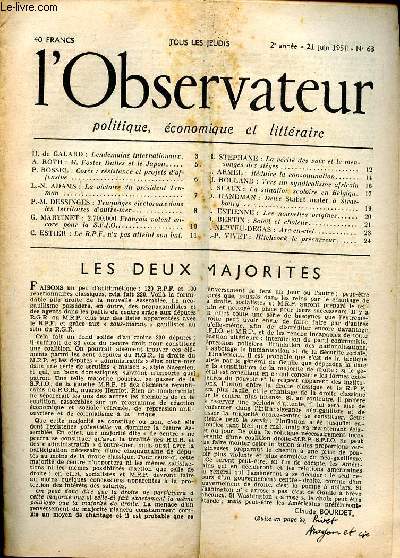 L'observateur N63 du 21 juin 1951 les deux majorits Sommaire: Core: rsistance et projets d'offensive; Truquages lectoraux dans les territoires d'Outre Mer; Vers un syndicalisme africain ...