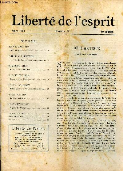 Libert de l'esprit N 19 Mars 1951 De l'artiste Sommaire: De l'artiste; La voix du pote; Chances de la libert; carrefour de l'histoire...