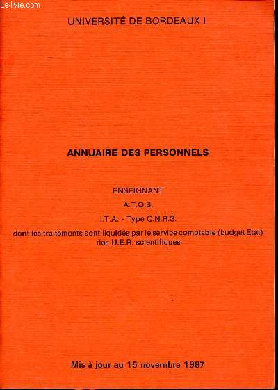 Annuaire des personnels Enseignant, A.T.O.S; I.T.A; Type CNRS dont les traitements sont liquids par le service compatble des U.E.R. scientifiques