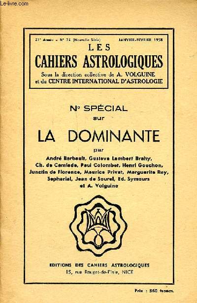 Les cahiers astrologiqus N72 (nouvelle srie) N spcial sur la dominante Janvier fvrier 1958