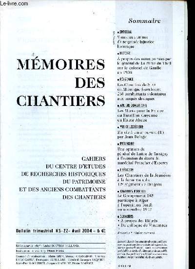 Mmoires des chantiers Bulletin trimestriel NS 22 avril 2004 Sommaire: Vous tes victime d'une grande injustice historique; Les morts pour la France du bataillon Guyenne en Haute Savoie; Le Groupement 103 participe  Alger  l'opratiion Torch en novembre