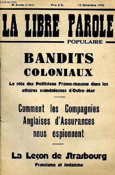 La libre parole populaire Bandits coloniaux 6 anne 15 dcembre 1935 Comment les compagnies anglaises d'assurances nous espionnent
