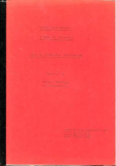 Fascicule de travaux pratiques Licence de psychologie U.V.3 de psychologie physiologique