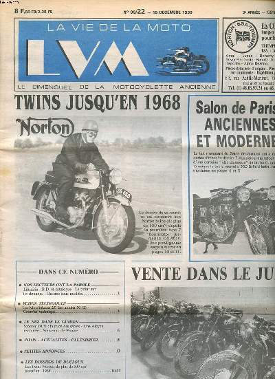 La vie de la moto LVM N 90/22 du 15 dcembre 1990 Twins jusqu'en 1968 Sommaire: Twins jusqu'en 1968; Salon de Paris anciennes et modernes; Scooter OLD: la puce des sables ...