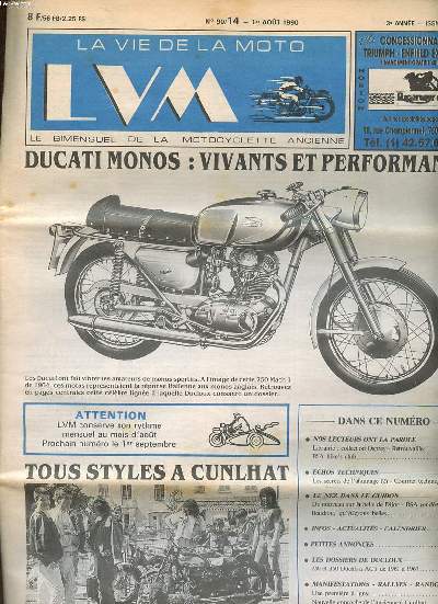 La vie de la moto LVM N 90/14 du 1er aot 1990 Ducati monos: vivants et performants Sommaire:Ducati monos: vivants et performants; Les secrets de l'allumage; Nouvelle approche de l'ancienne  Cunlhat ...