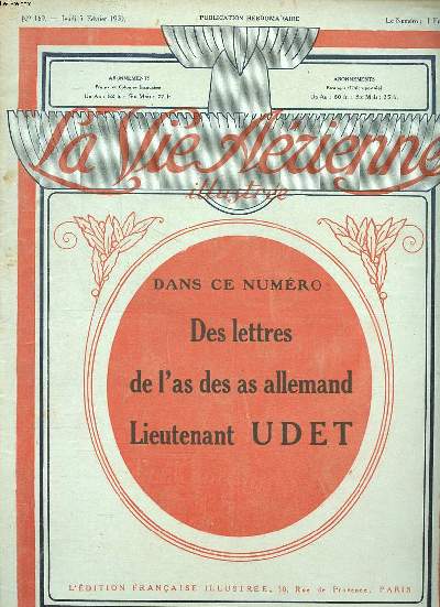 La vie arienne illustre N169 du jeudi 5 fvrier 1920 Des lettres de l'as des as allemand Lieutenant Udet
