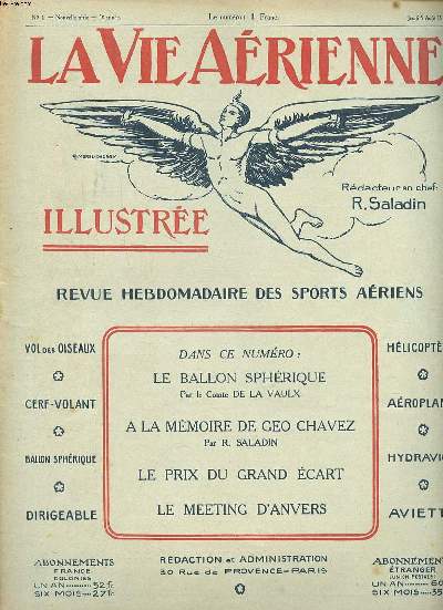 La vie arienne illustre N1 du jeudi 5 aot 1920 Le ballon sphrique; A la mmoire de Geo Chavez; Le meeting d'Anvers...
