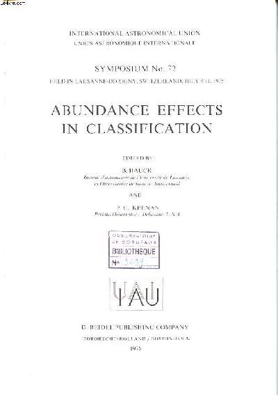 Abundance effects in classification Symposium N72 held in lausanne Dorigny, Switzerland July 8-11 1975 International astronomical union Sommaire: Infuence of abundances upon stellar atmosphere calculations; Some commnts on a catalogue of atmospheric para