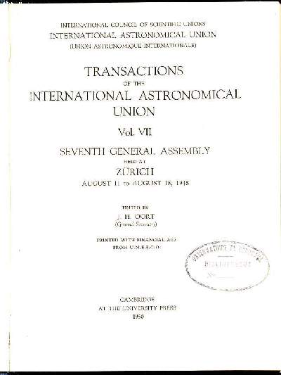 Transactions of the international astronomical union Vol.VII seventh general assembly held at Zrich august 11 to august 18, 1948