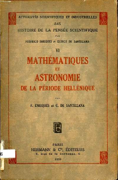Mathmatiques et astronomie de la priode hellnique Collections Actualits scientifiques et industrielles N845 Histoire de la pense scientifique