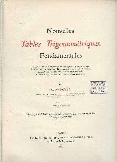 Nouvelles tables trigonomtriques fondamentales Tome premier