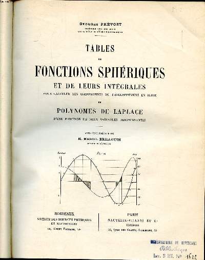 Tables de fonctions sphriques et leurs intgrales pour calculer les coefficients du dveloppement en srie de polynomes de Laplace d'une fonction de deux variables indpendantes
