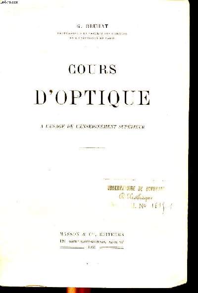 Cours d'optique  l'usage de l'enseignement suprieur