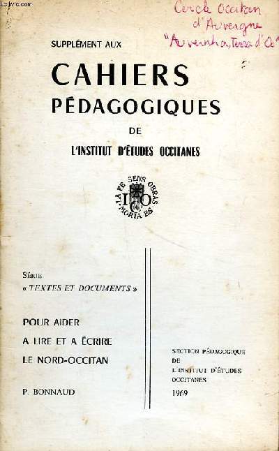 Supplment aux cahiers pdagogiques de l'institut d'tudes occitanes Srie 