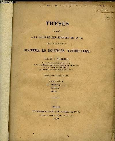 THESES PRESENTEES A LA FACULTE DES SCIENCES DE LYON - ENVOI DEDICACE