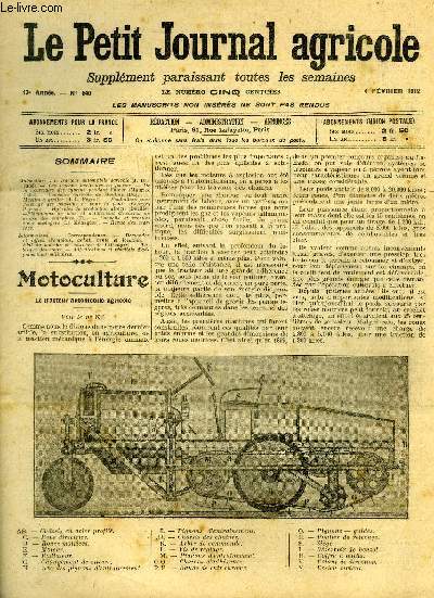 LE PETIT JOURNAL AGRICOLE N 840 - Motoculture ; le tracteur automobile agricole (J. Bricaud).