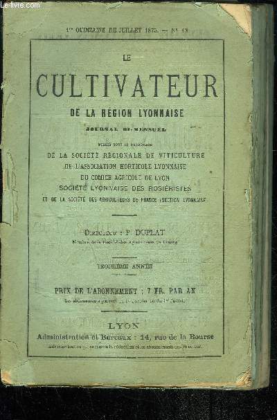 LE CULTIVATEUR DE LA REGION LYONNAISE - 11 NUMERO - N 13  N 23