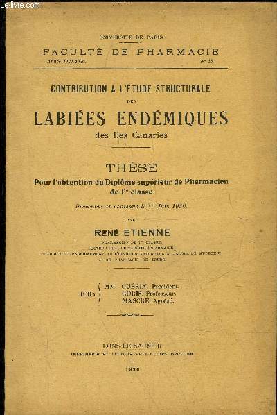 CONTRIBUTION A L'ETUDE STRUCTURALE DES LABIEES ENDEMIQUES DES ILES CANARIES
