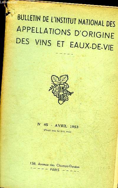 BULLETIN DE L'INSTITUT NATIONAL DES APPELLATIONS D'ORIGINE DES VINS ET EAUX DE VIE N45 AVRIL 1953 - Vins de Provence, Vins du Rhne, Vins des Papes, d'aprs Mme Barbara Whittincham Jones .