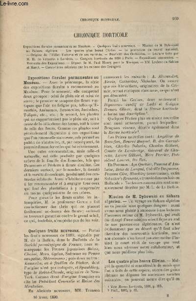 LA REVUE HORTICOLE 1890 N 8 - 16 avril - Expositions florales permanentes au Musum - Quelques fruits nouveaux - Mission de M. Dybowski au Sahara algrien - Les quatre plus beaux clivias - La protection du travail national - Origine de l'oeillet Victoria