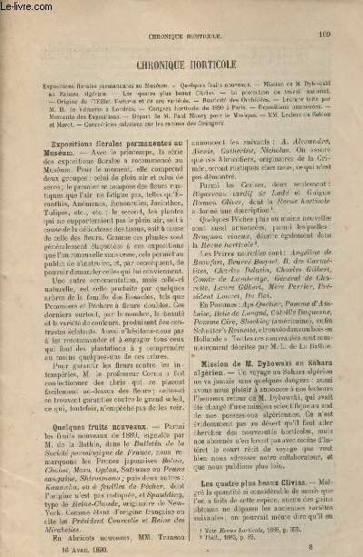 LA REVUE HORTICOLE 1890 N 8 - 16 avril - Expositions florales permanentes au Musum - Quelques fruits nouveaux - Mission de M. Dybowski au Sahara algrien - Les quatre plus beaux clivias - La protection du travail national - Origine de l'oeillet Victoria