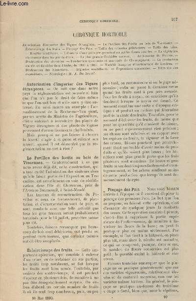 LA REVUE HORTICOLE 1890 N 10 - 16 mai - Autorisation d'importer des vignes trangres - Le pavillon des forts au bois de Vincennes - Eclaircissage des fruits - Pinage des pois - Taille des arbustes printaniers - Taille des Lilas - Bouillis bordelaise