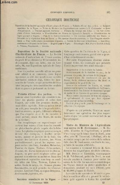 LA REVUE HORTICOLE 1890 N 22 - 16 nov. -Exposition de la socit nationale d'horticulture de France - Toilette d'hiver des jardins - Incision annulaire de la vigne - Visite du ministre de l'agriculture aux serres de M. Cordonnier - Aveu d'impuissance