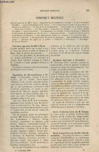 LA REVUE HORTICOLE 1890 N 23- 1er dc. - Concours agricole de 1891  Paris - Exposition de chrysanthmes  Orlans - Syndicat horticole  Versailles - Cours d'arboriculture de M. Forney - Serre d'exposition au jardin d'acclimatation - Diplmes de jardin