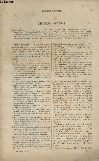 LA REVUE HORTICOLE 1891 N 2 - 16 janv. - Mrite agricole - La temprature  la fin de 1890 - L'anne 1891 - Contribution de l'hiver - A Compigne - Expo. nationale d'horticulture  Prague - Les glauls rustiques de M. Lemoine - Utilit du gardenia - Le f