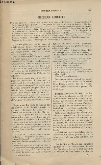 LA REVUE HORTICOLE 1891 N 8 - 16 avril - L're des giboules - Enqute sur les effets de la gele sur les rosiers - Congrs horticole de Paris, voyage  Paris  demi-place - Les jardins  l'expo. franaise de Moscou - Floraison du philodendron mamei