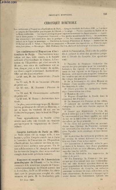 LA REVUE HORTICOLE 1891 N 11 - 1er juin -Les confrences  l'expo. d'hoticulture de Paris - Congrs horticole de Paris en 1894 - Concours et congrs de l'association pomologique de l'ouest - La neige - Plantes nouvelles du Thibet et de la Chine occidenta