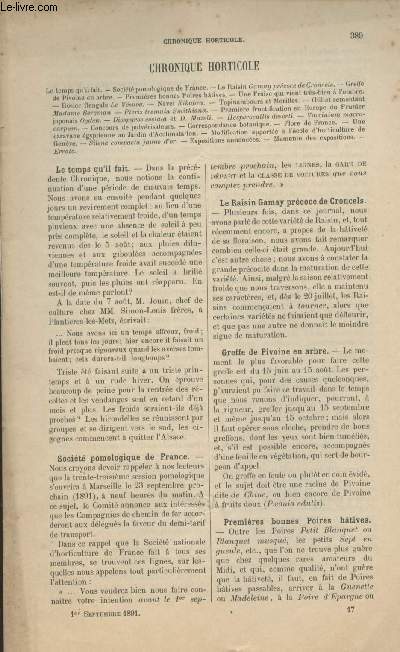 LA REVUE HORTICOLE 1891 N 17 - 1er sept. - Le temps qu'il fait - Socit pomologique de France - Le raisin gamay prcoce de croncels - Greffe de pivoine en arbre - Premires bonnes poires htives - Une fraise qui vient trs bien  l'ombre - Rosier bengal