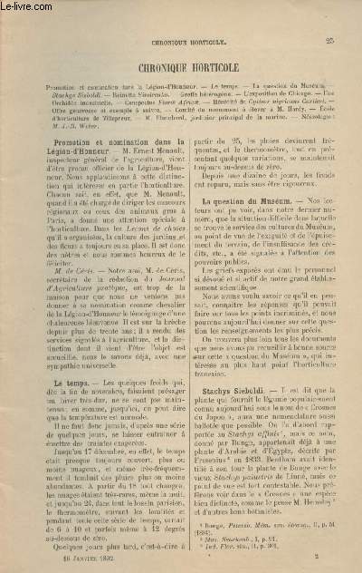 LA REVUE HORTICOLE 1892 N 2 - 16 janv. - Promotion et nomination dans la lgion-d'honneur - Le temps - La question du musum - Reinette simirenko - Greffe htrogne - L'exposition de Chicago - Une orchide industrielle - Conspectus florae africae ..