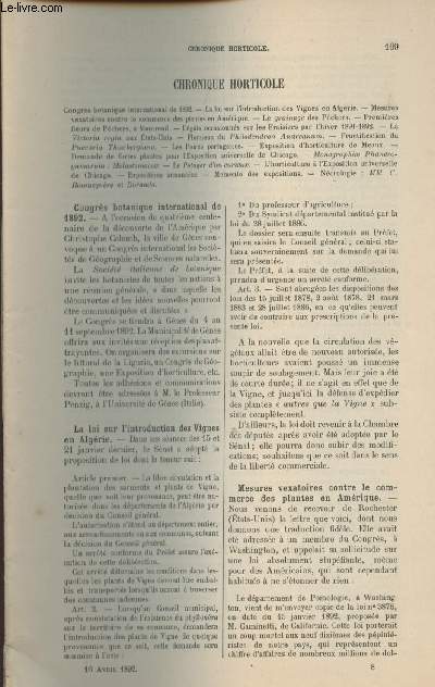 LA REVUE HORTICOLE 1892 N 8 - 16 avril - Congrs botanique international de 1892 - La loi sur l'introduction des vignes en Algrie - Mesures vexatoires contre le commerce des plantes en Amrique - Le grainage des pchers - Premires fleurs de pchers  M