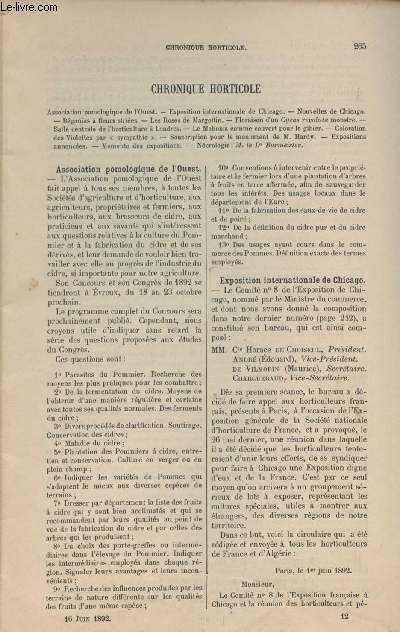 LA REVUE HORTICOLE 1892 N 12 - 16 juin - Association pomologique de l'ouest - Expo. internationale de Chicago - Nouvelles de Chicago - Bgonias  fleurs stries - Les roses de Margottin - Floraison d'un cycas revoluta monstre - Salle centrale de l'hortic