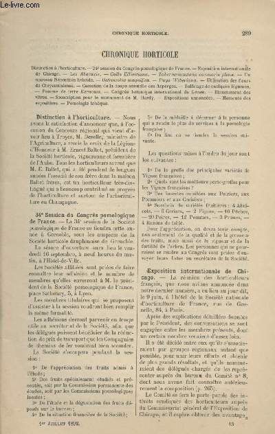 LA REVUE HORTICOLE 1892 N 13 - 1er juil. -Distinction  l'horticulture - 34e session du congrs pomologique de France - expo. internationale de Chicago - Les abacaxis- Calla elliottiana - Un nouveau npenths hybride - Utilisation des fleurs de chrysanth