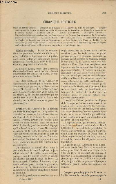 LA REVUE HORTICOLE 1892 N 16 - 16 aot - ordre du mrite agricole - Transfert du fleuriste de la Muette au Bois de Boulogne - Congrs pomologique de France - Ecole nationale d'horticulture de Versailles - La nuile du melon - Destruction des taupes - Dest