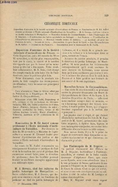 LA REVUE HORTICOLE 1892 N 23 - 1er dc. - expo. d'automne de la socit nationale d'horticultue de France - Nomination de M. Ed. Andr comme professeur  l'cole nationale d'horticulture de Versailles - M. J. Daveau chef des cultures au jardin botanique