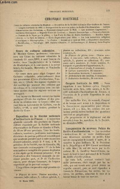 LA REVUE HORTICOLE 1893 N 6 - 16 mars - Cours de cultures coloniales du musum - Expo. de la socit nationale d'horticutlure de France - Congrs horticole de 1893 - Inauguration du nouveau palais du jardin d'acclumatation - Culture rmunratrice