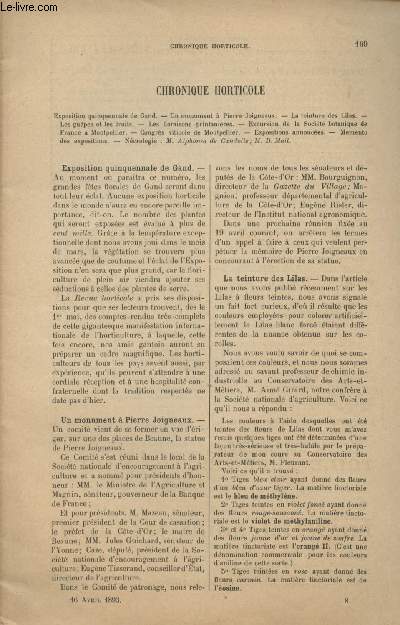 LA REVUE HORTICOLE 1893 N 8 - 16 avril - Expo. quinquennale de Gand - Un monument  Pierre Joigneaux - La teinture des lilas - Les gupes et les fruits - Les floraisons printanires - Excursion de la socit botanique de France  Montpellier