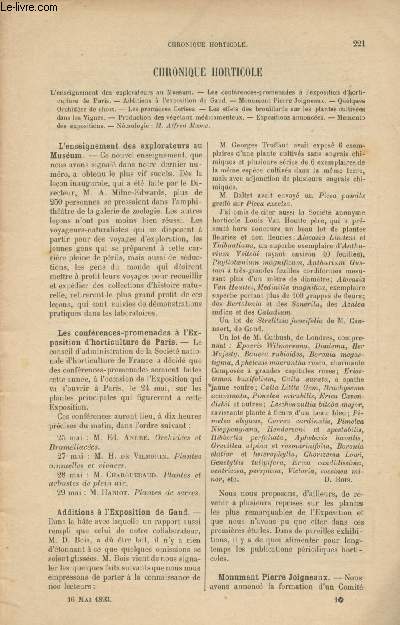 LA REVUE HORTICOLE 1893 N 10 -16 mai - L'enseignement des explorateurs au Musum - Les confrences-promenades  l'exposition d'horticulture de Paris - Additions  l'exposition de Gand - Monument Pierre Joigneaux - Quelques orchides de choix