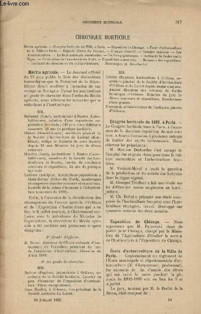 LA REVUE HORTICOLE 1893 N 14 - 16 juil. - Mrite agricole - Congrs horticole de 1893  Paris - Expo. de Chicago - Ecole d'arboriculture de la ville de Paris - Bgonia gloire du Vsinet - La fleur nationale amricaine - Un pois gigantesque