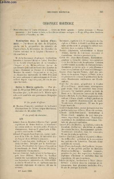 LA REVUE HORTICOLE 1893 N 15 - 1er aot - Nomination dans la lgion d'honneur - Ordre du mrite agricole - Index Kevensis - Prunes japonaises - Les vandas cultivs - Les chrysanthmes au Japon - Projet d'expo. horticole universelle  Versailles en 1900.