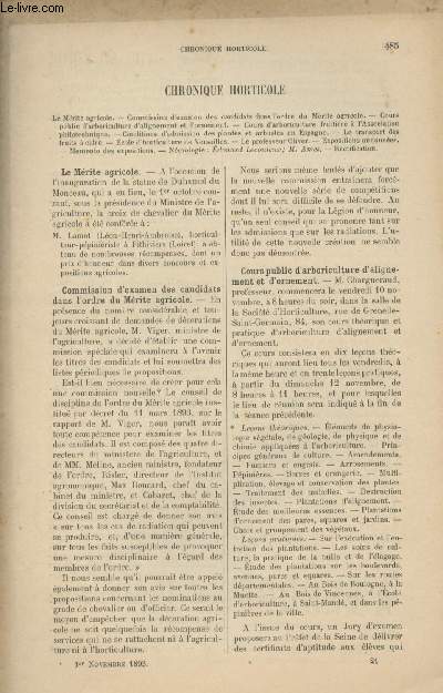 LA REVUE HORTICOLE 1893 N 21 - 1er nov. -Le mrite agricole - Commission d'examen des candidats dans l'ordre du mrite agricole - Cours public d'arboriculture d'alignement et d'ornement - Cours d'arboriculture fruitire  l'association philotechnique