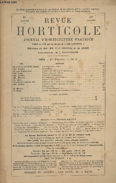 LA REVUE HORTICOLE 1894 N 3 - 66e anne 1er fvrier - Chronique horticole - La sacaline - Culture des closies crtes-de-coq - Fagus sylvatica zlatia - Gardenia stanleyana - Le rempotage des orchides - Primula floribunda - Influence de la taille sur la